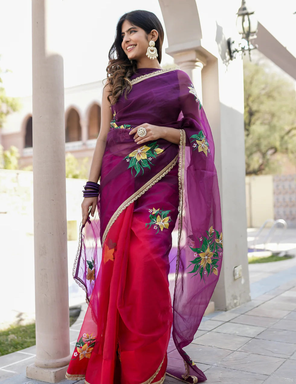 Handpainted Red and Purple Handwork Organza Saree