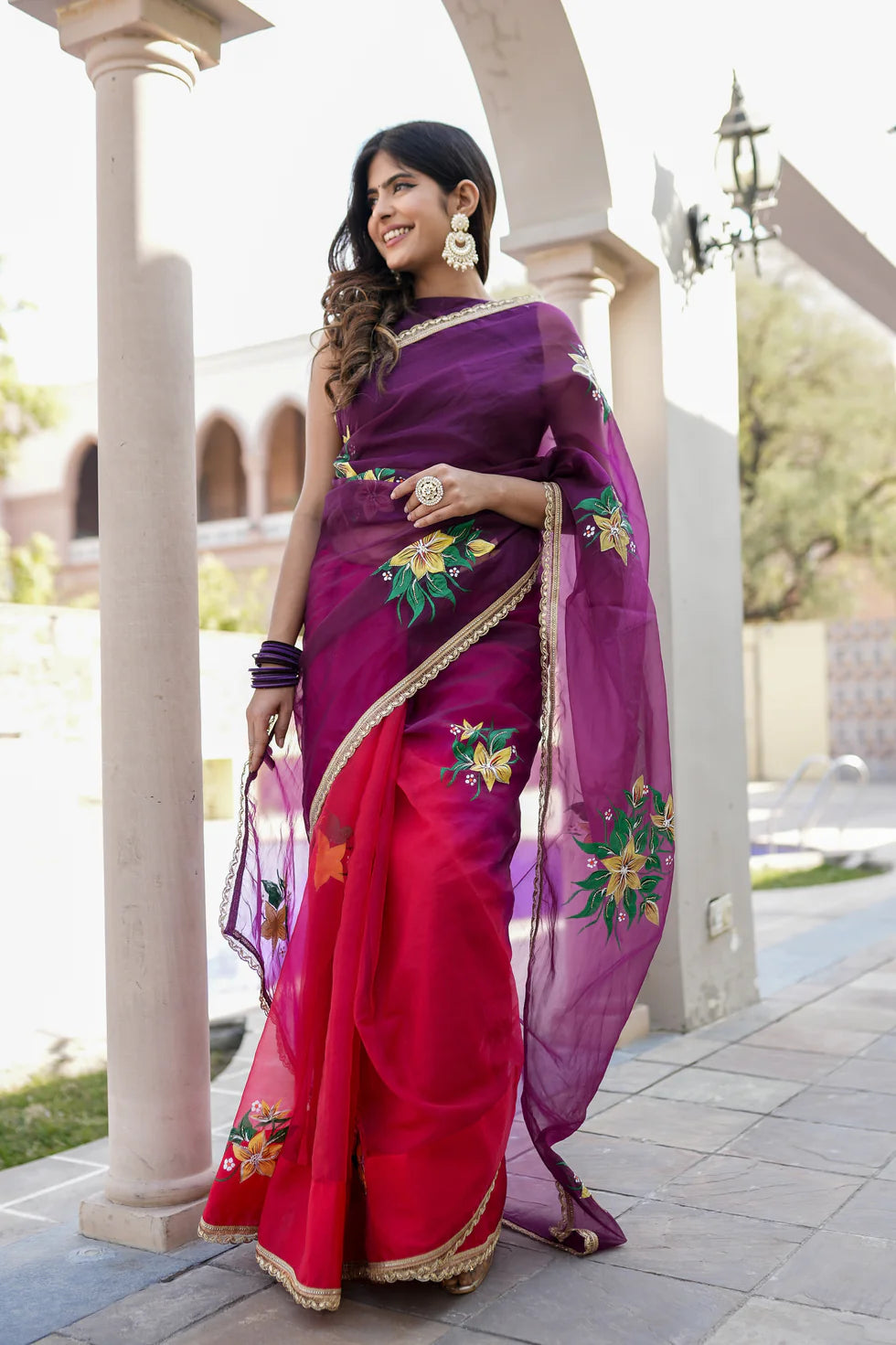 Handpainted Red and Purple Handwork Organza Saree