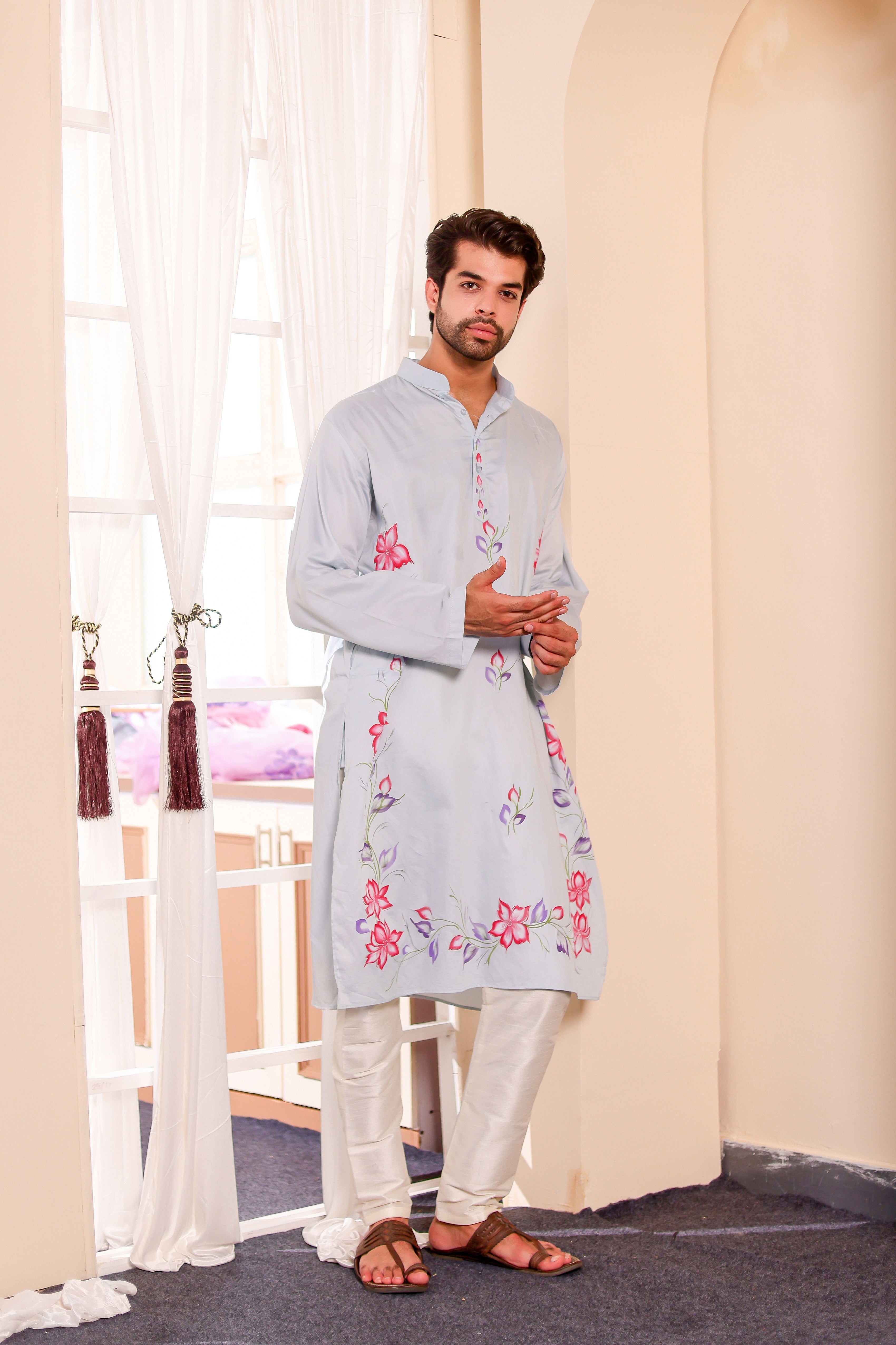 Frosted Whisper Kurta (Handpainted Pastel Blue Grey Kurta)