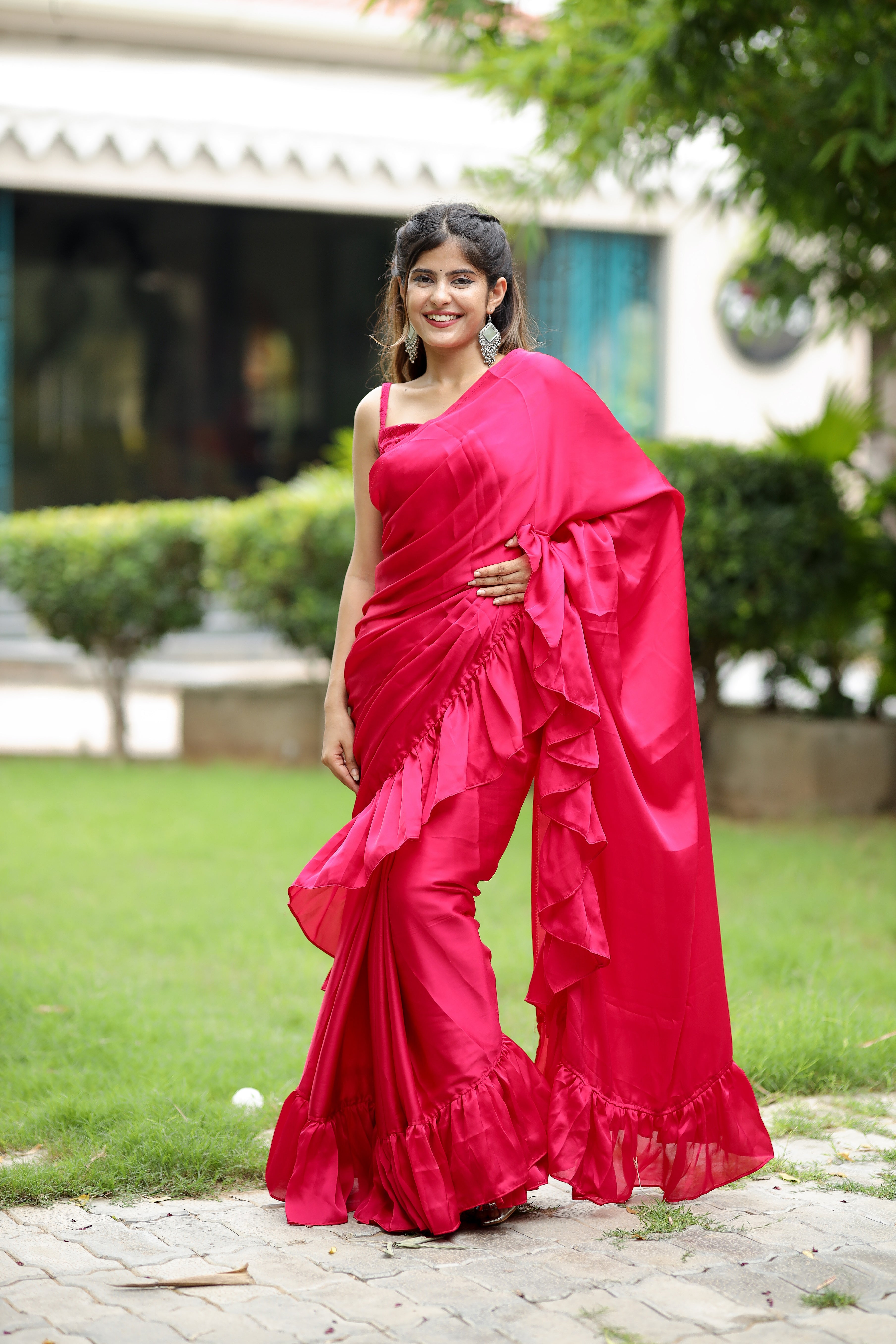 Buy Deep Pink Color Ruffle Saree Online on Fresh Look Fashion
