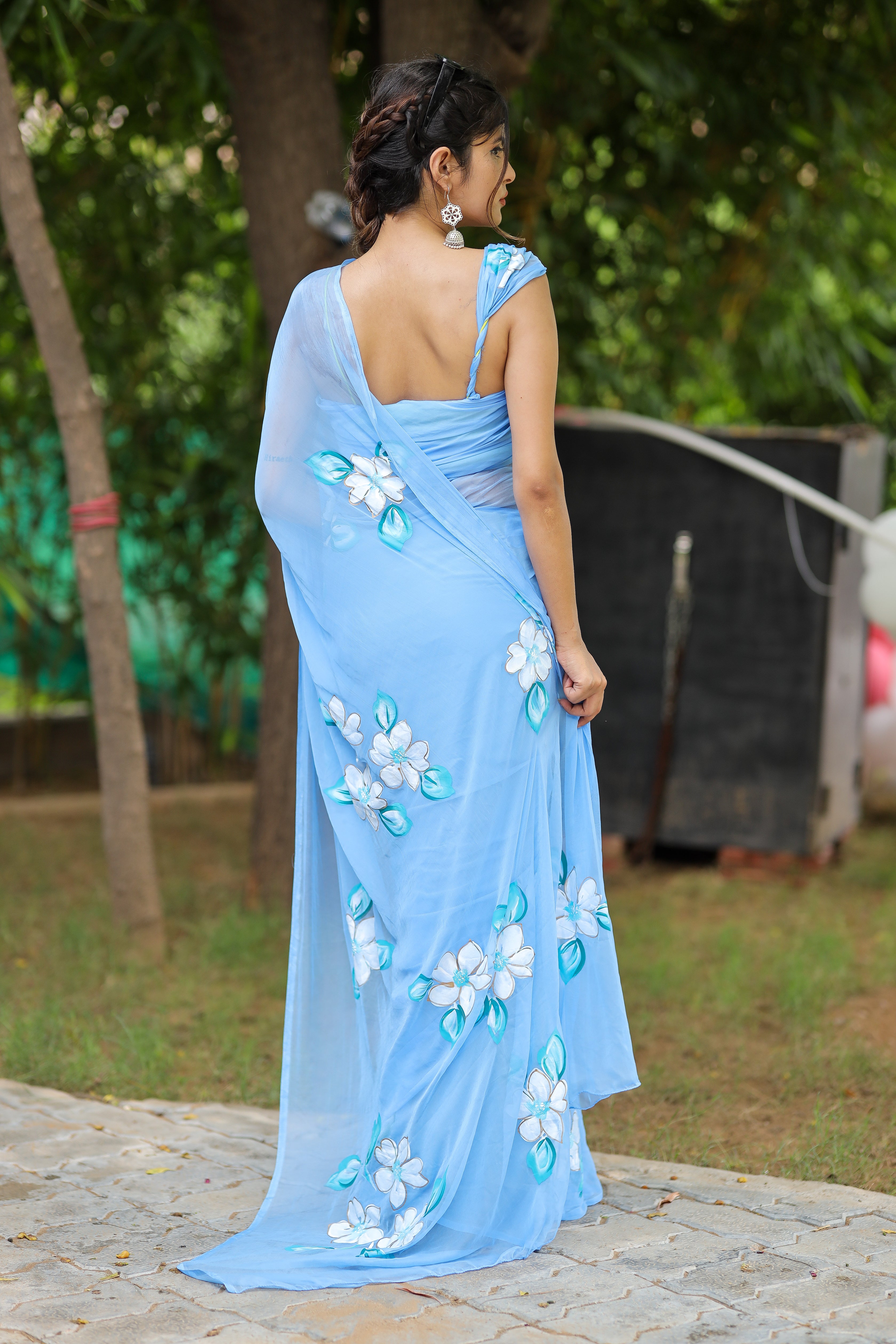 Blue Majesty (Handpainted Chiffon Saree in Blue)