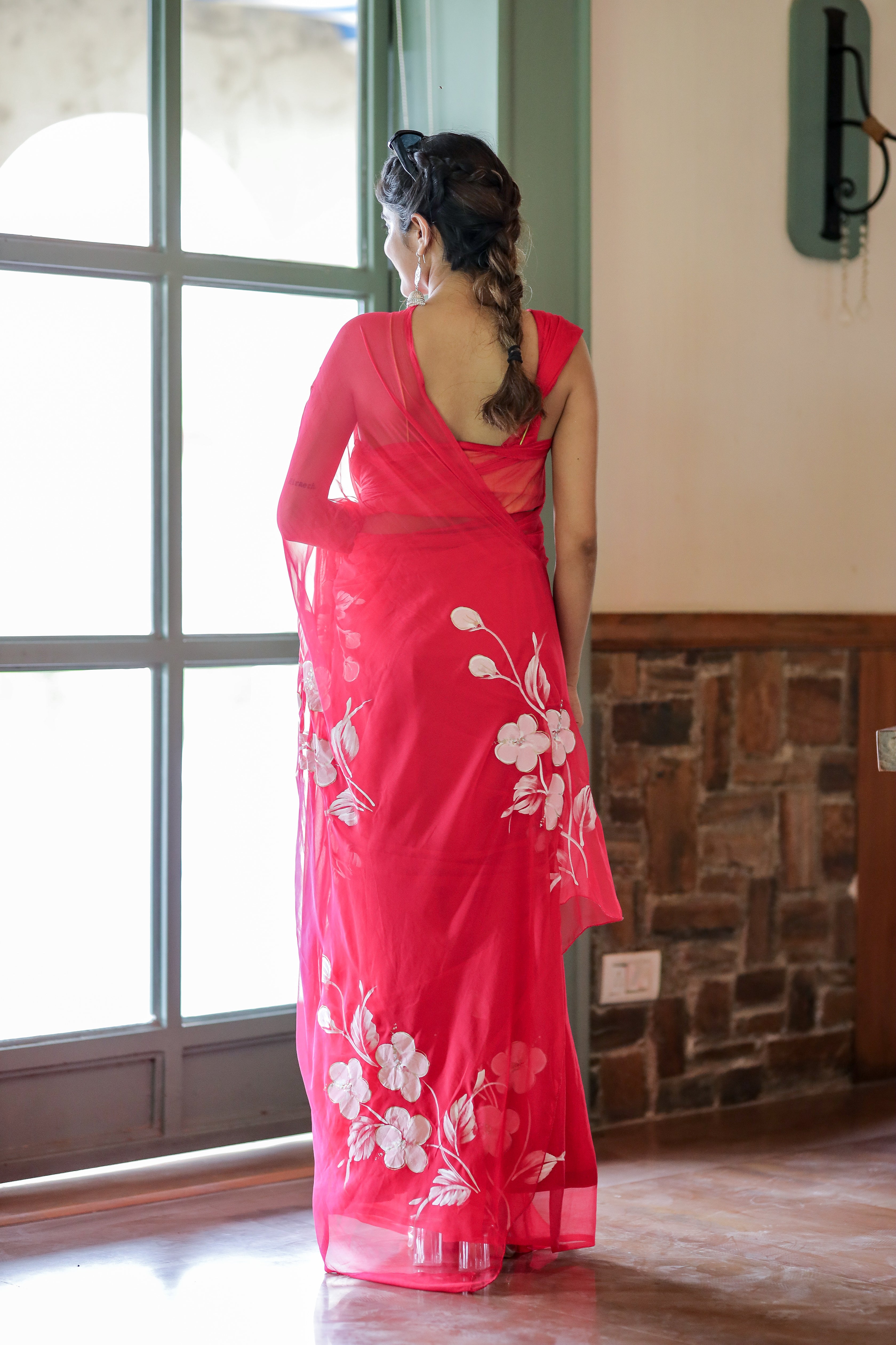 Rosy Blossom (Handpainted Chiffon Saree in Rani Pink)