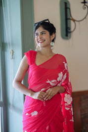 Rosy Blossom (Handpainted Chiffon Saree in Rani Pink)