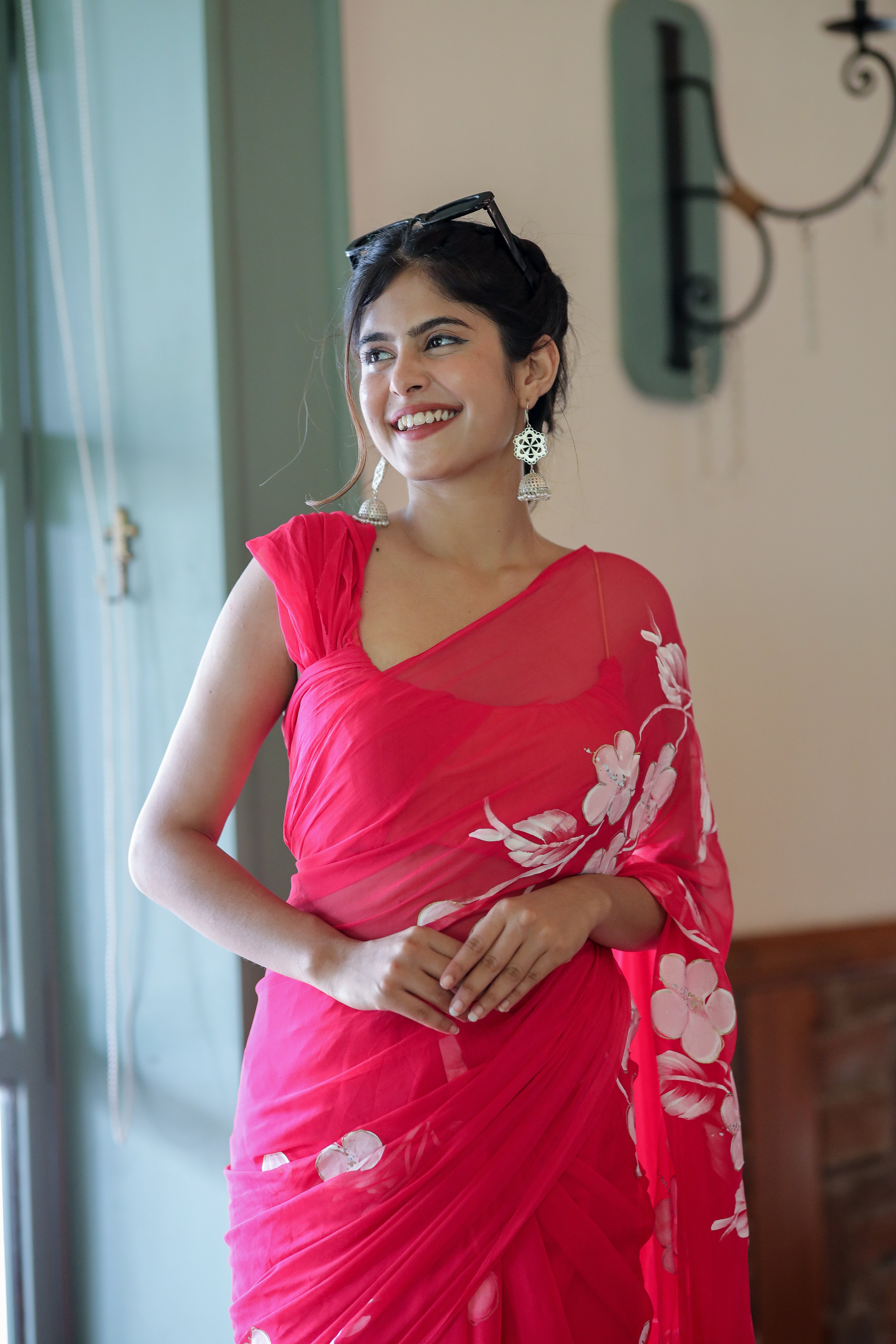 Rosy Blossom (Handpainted Chiffon Saree in Rani Pink)