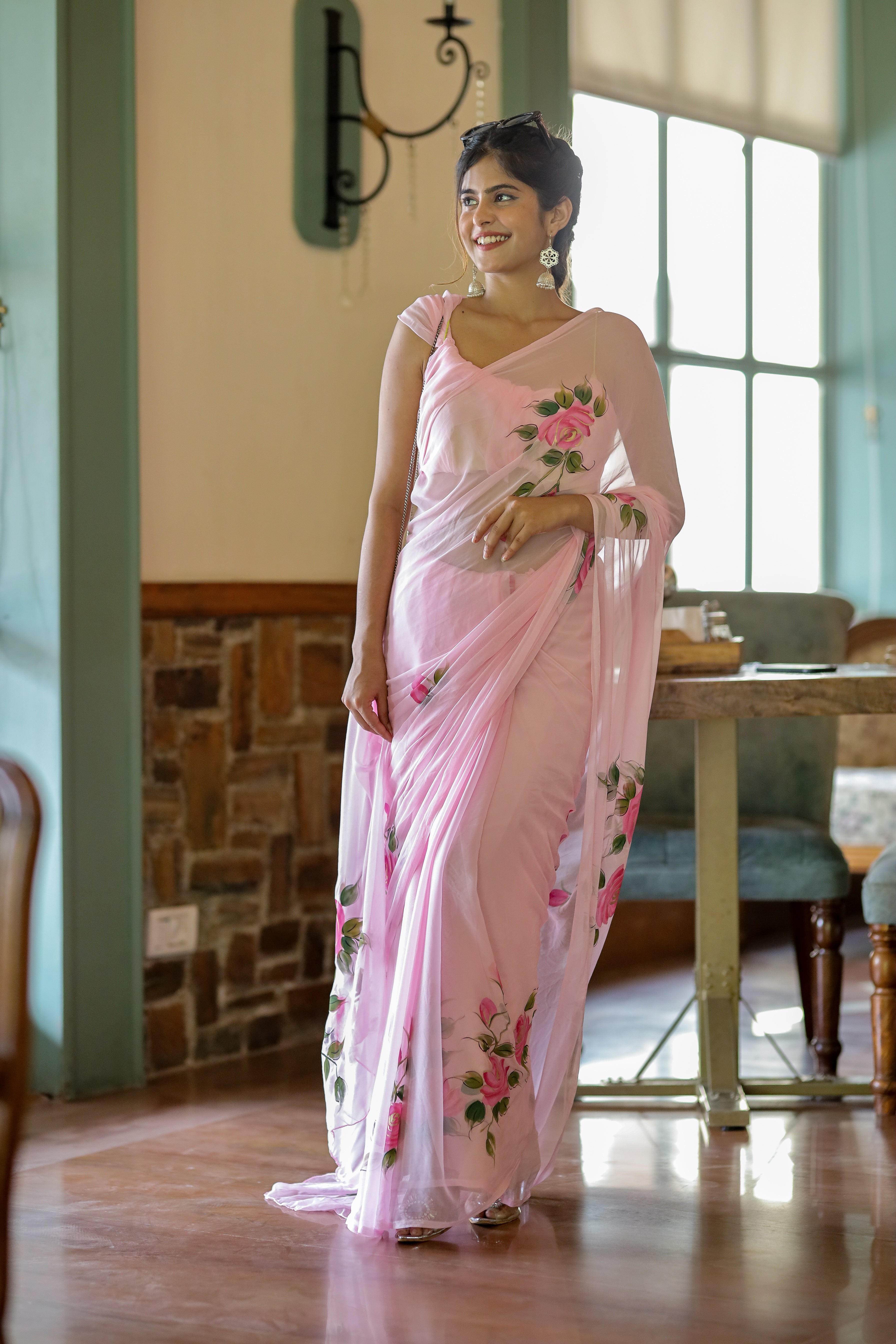 Pastel Petal Dreams (Pure Chiffon Hand Painted Saree)