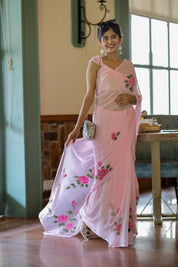 Pastel Petal Dreams (Pure Chiffon Hand Painted Saree)