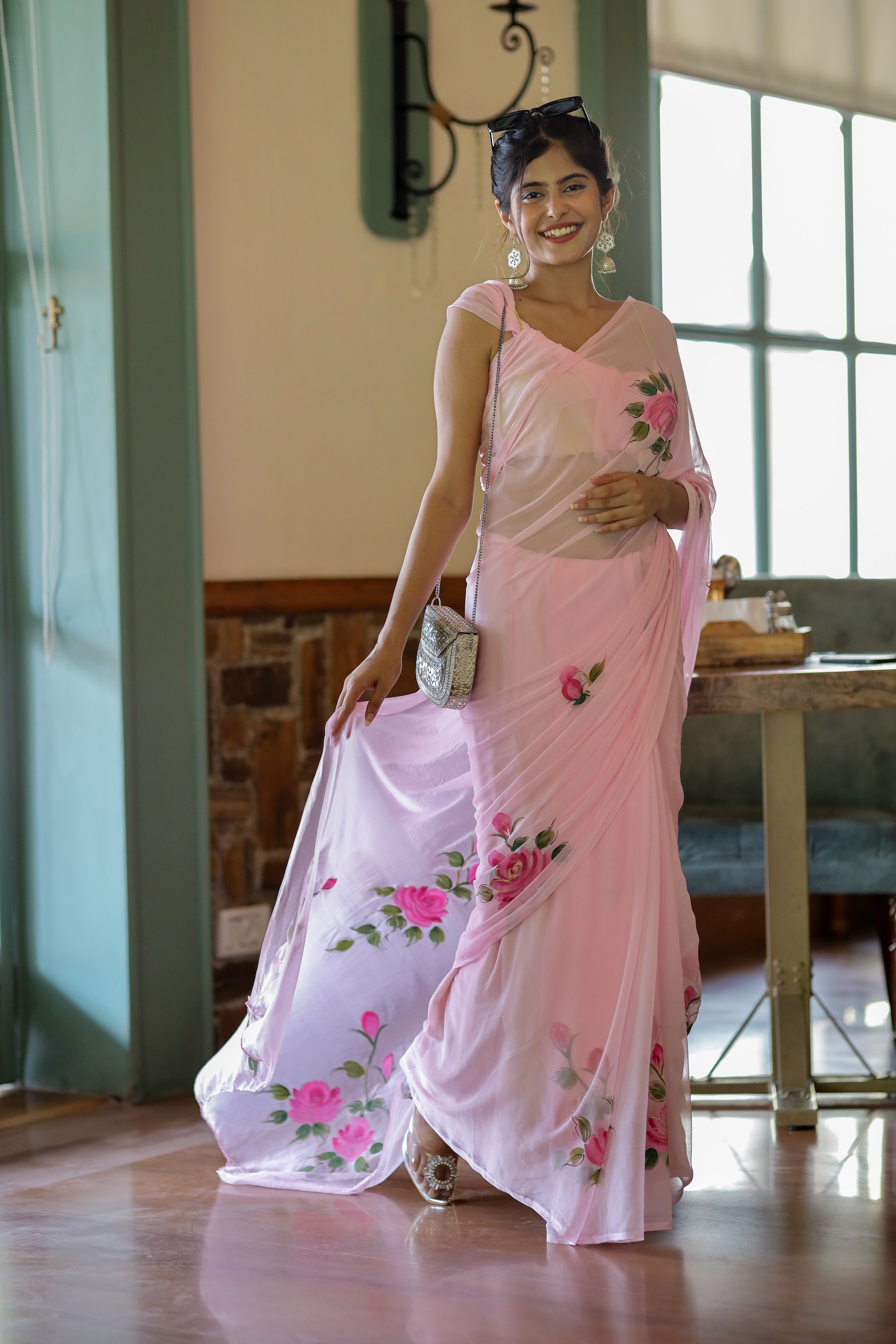 Pastel Petal Dreams (Pure Chiffon Hand Painted Saree)