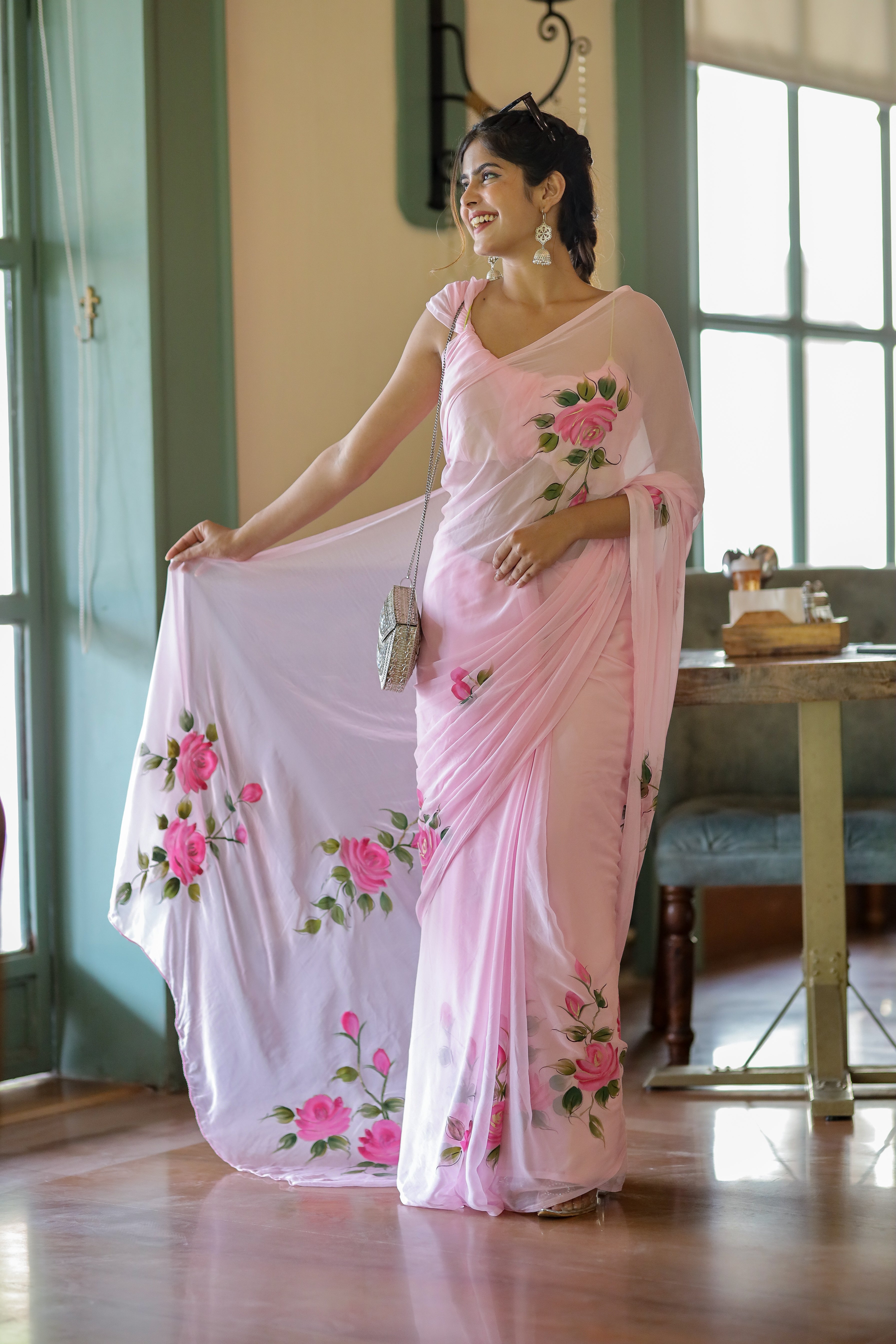 Pastel Petal Dreams (Pure Chiffon Hand Painted Saree)