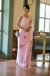 Pastel Petal Dreams (Pure Chiffon Hand Painted Saree)