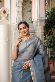 Radiant Foil Blossom Organza Saree (Golden Foil Printed Grey Organza Zari Border Saree)