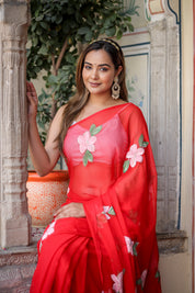 Scarlet Artistry (Handpainted Red Chiffon Saree)
