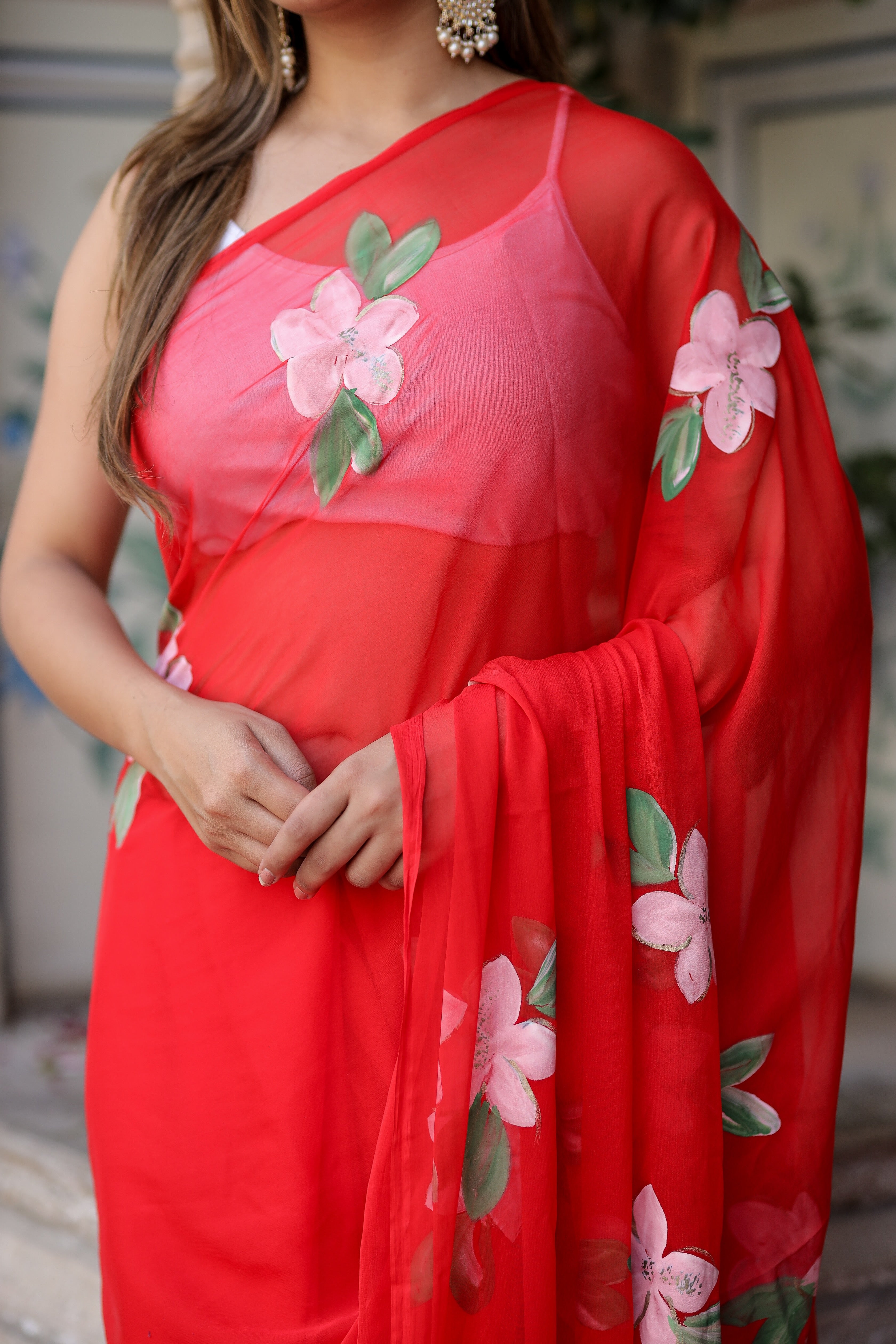 Scarlet Artistry (Handpainted Red Chiffon Saree)