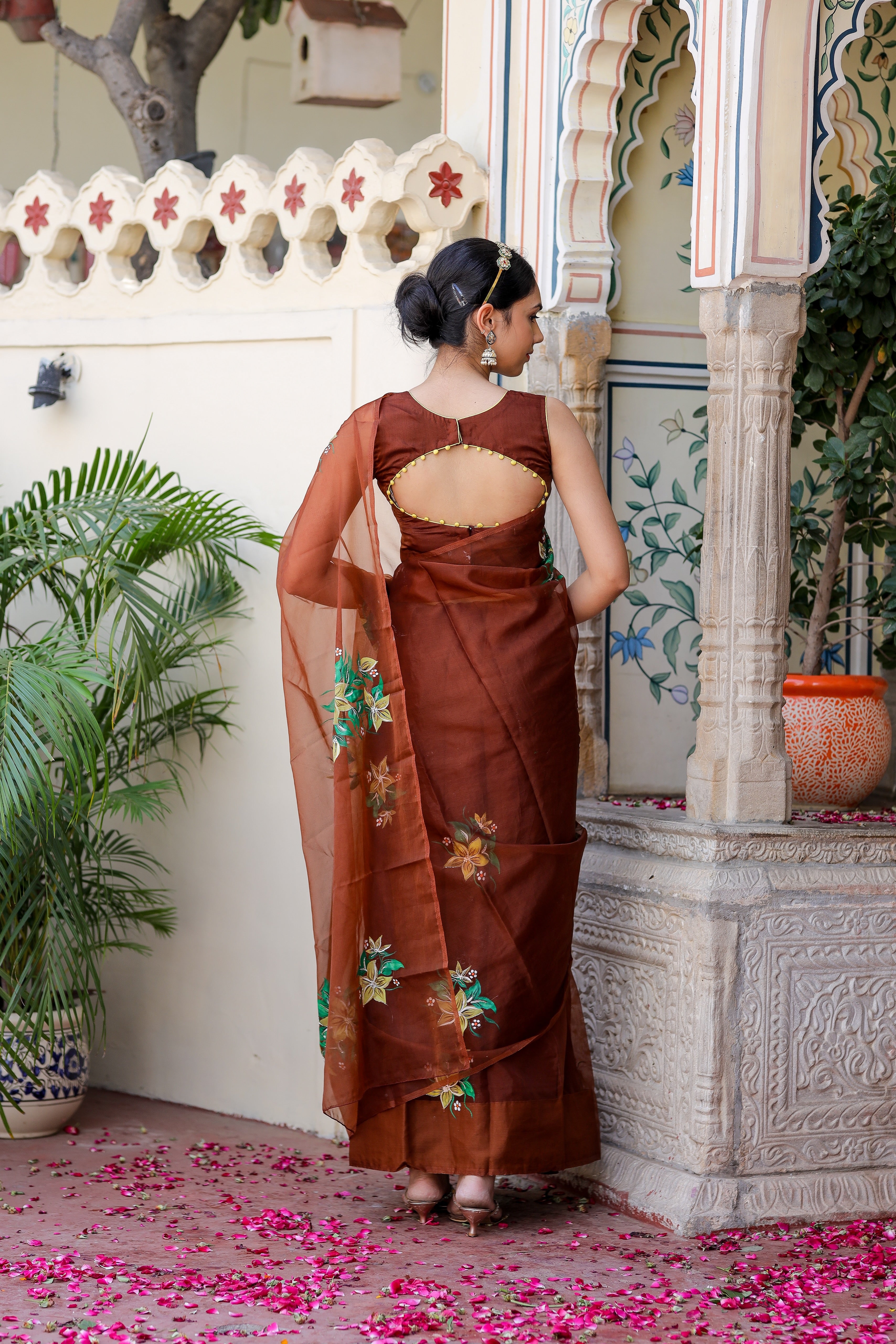 Earthen Elegance (Handpainted Brown Organza saree)