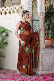 Earthen Elegance (Handpainted Brown Organza saree)