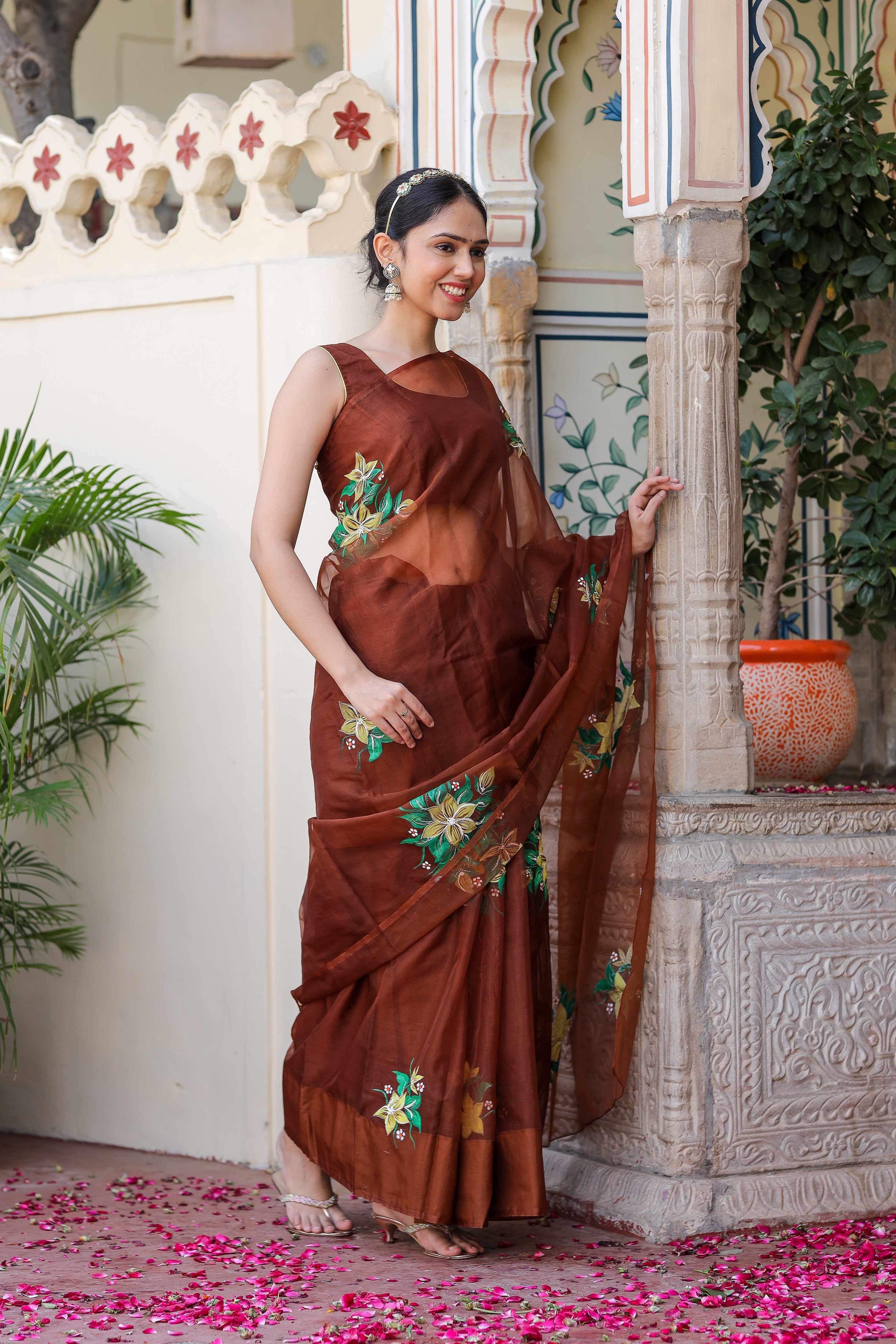 Earthen Elegance (Handpainted Brown Organza saree)