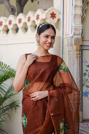 Earthen Elegance (Handpainted Brown Organza saree)