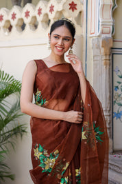 Earthen Elegance (Handpainted Brown Organza saree)