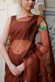 Earthen Elegance (Handpainted Brown Organza saree)