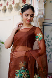 Earthen Elegance (Handpainted Brown Organza saree)