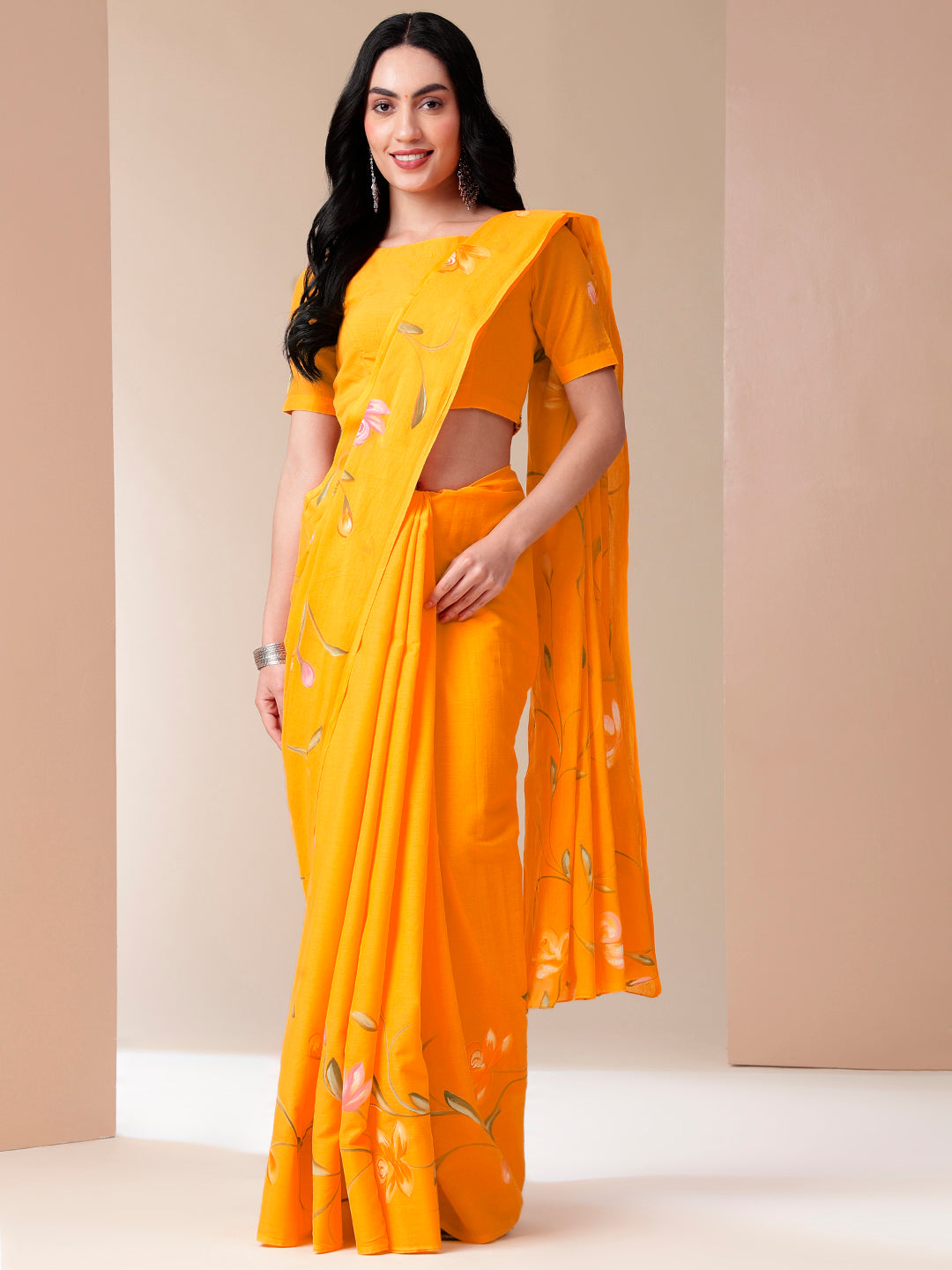 Sunset Splendor Mal Mal Saree (Handpainted Orange Mal Mal Saree)