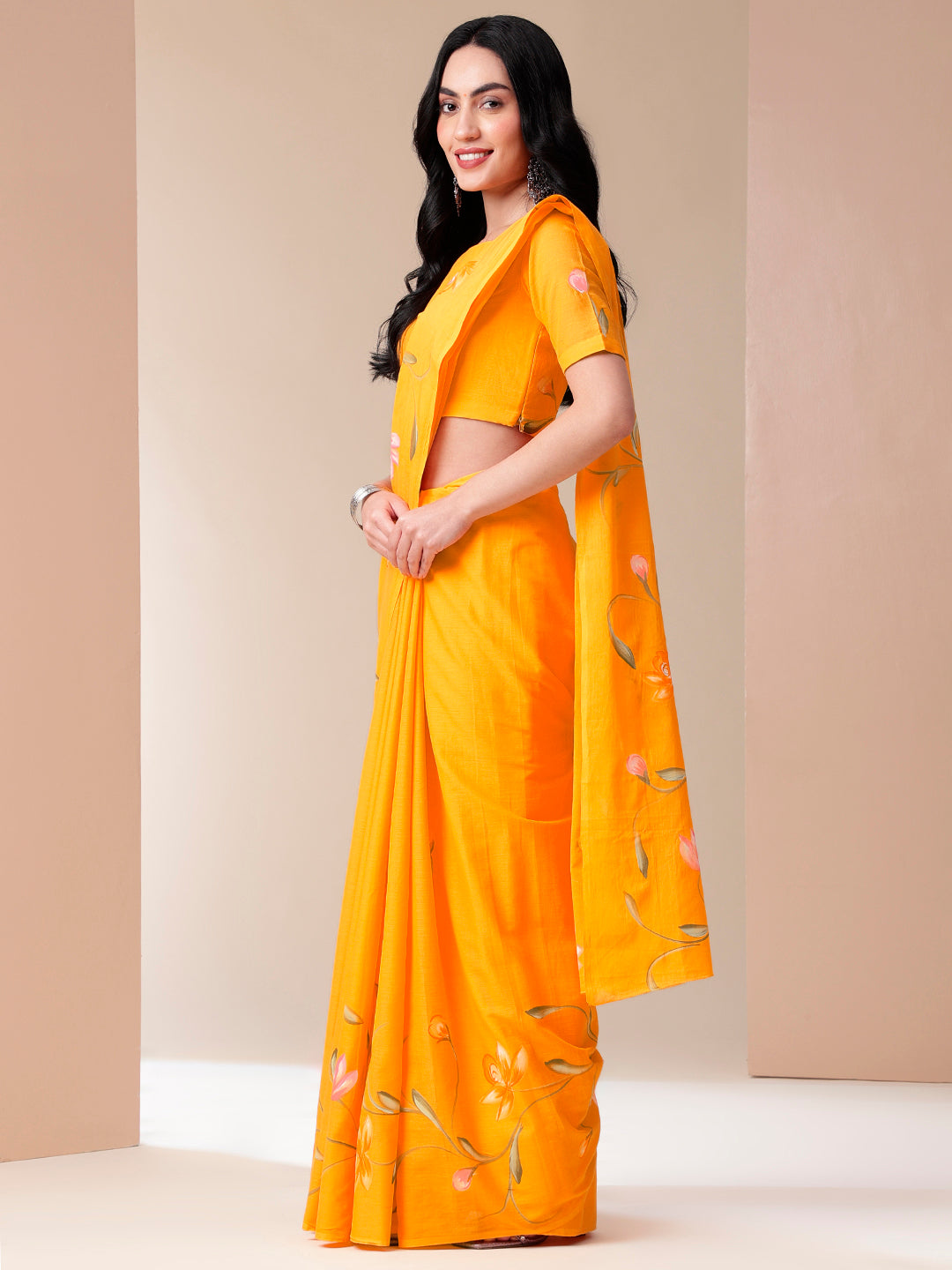 Sunset Splendor Mal Mal Saree (Handpainted Orange Mal Mal Saree)