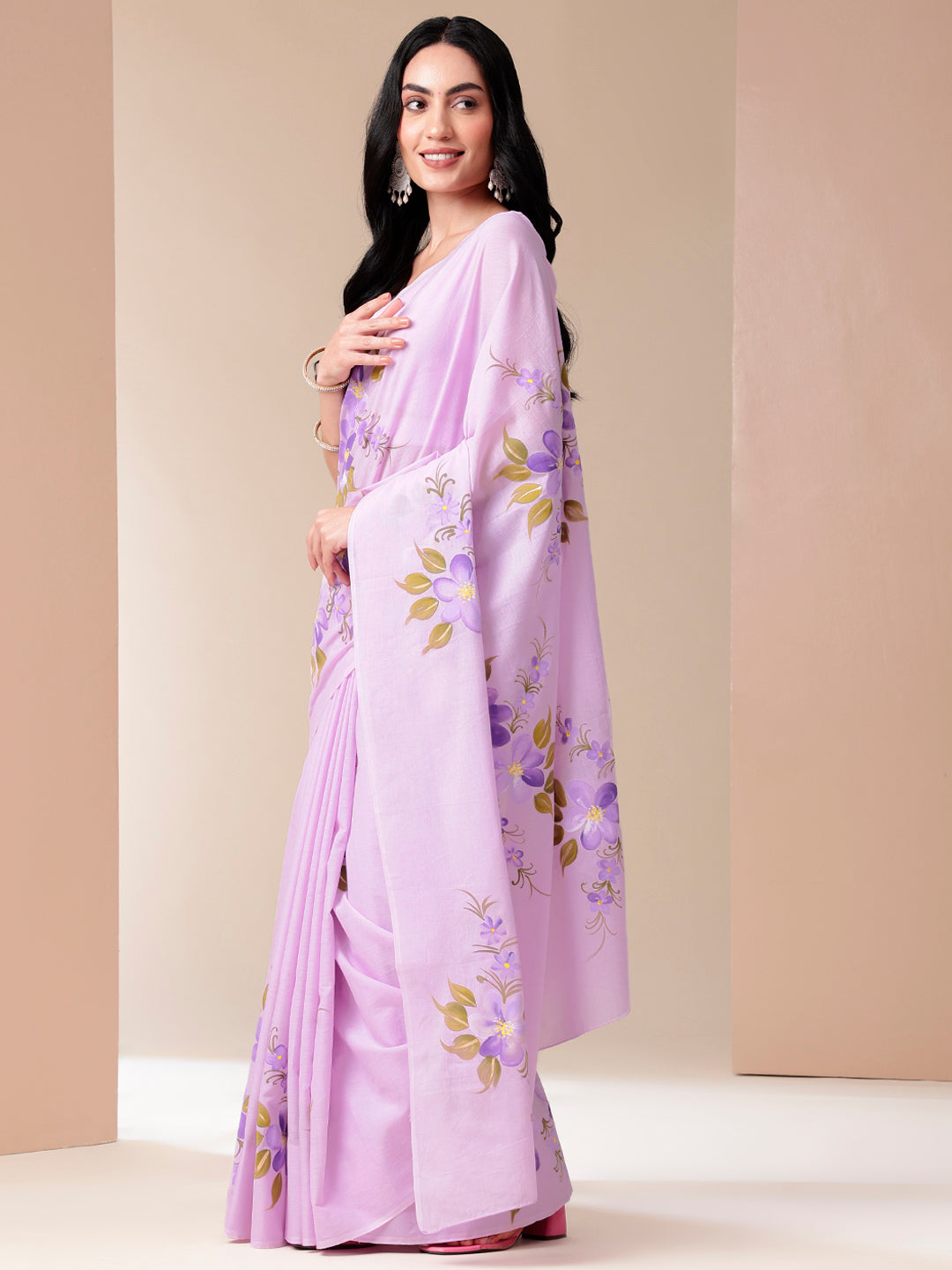 Gentle Gleam - Handpainted Lavendar Mal Mal Saree
