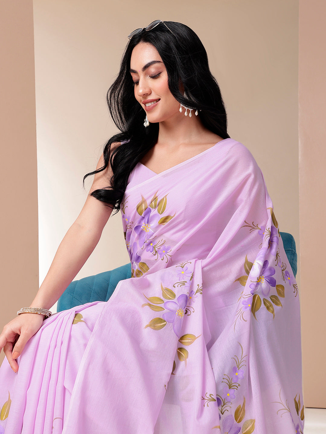Gentle Gleam - Handpainted Lavendar Mal Mal Saree