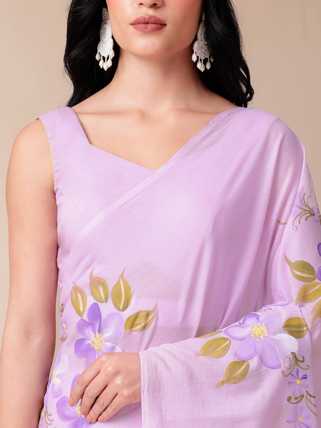 Gentle Gleam - Handpainted Lavendar Mal Mal Saree