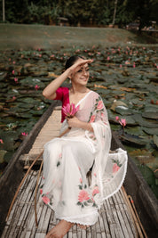 Ivory Whispers (Pure Chiffon Hand Painted Saree)