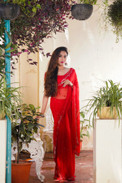 Cherry Blossom Charm (Chiffon Mirror work Red Saree)