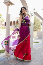Radiant Charm (Handpainted Red and Purple Handwork Organza Saree)
