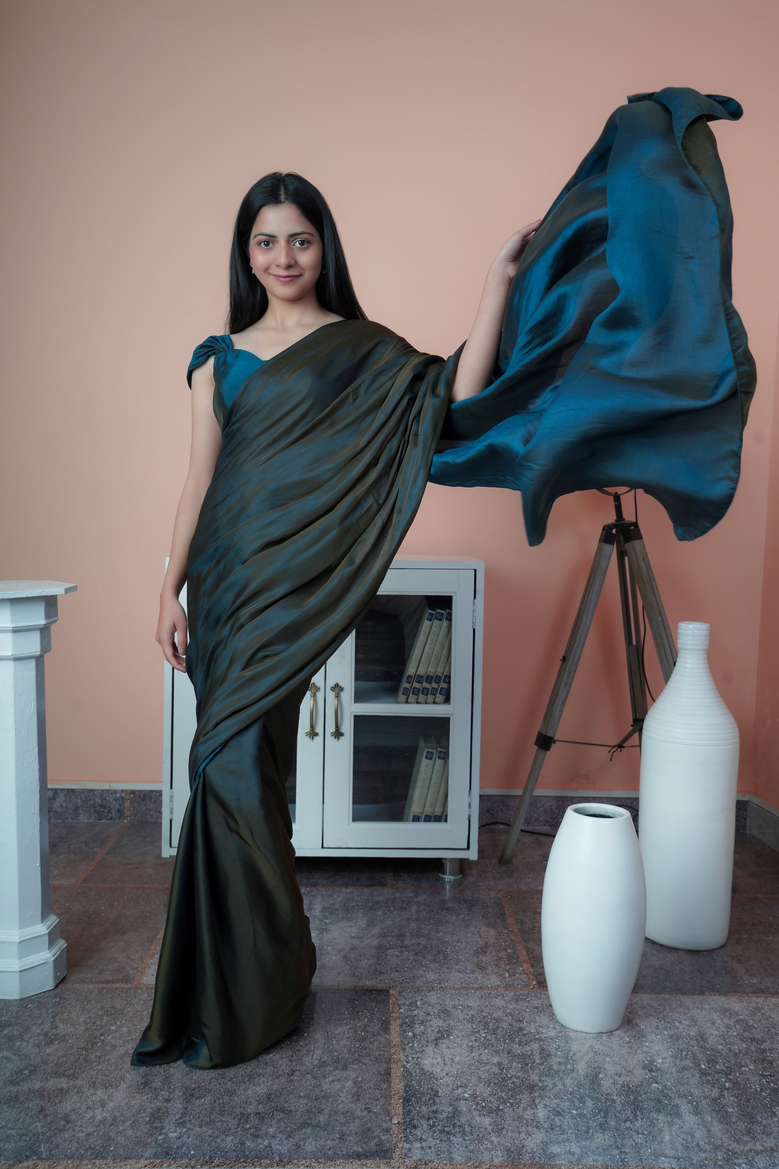 Satin Sheen - Satin Silk Saree (Grey & Blue)