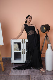 Midnight Elegance - Black Chiffon Saree