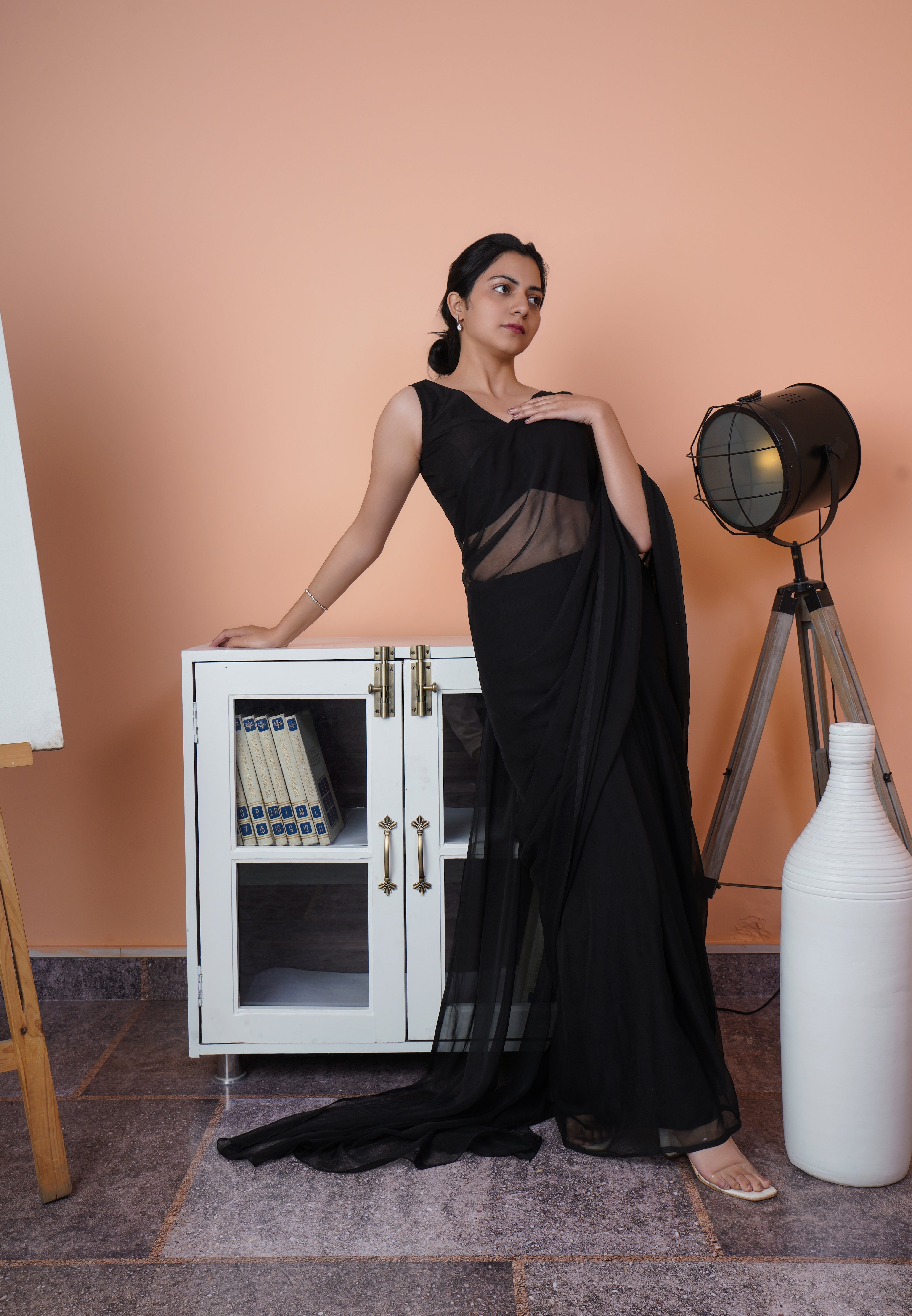 Midnight Elegance - Black Chiffon Saree