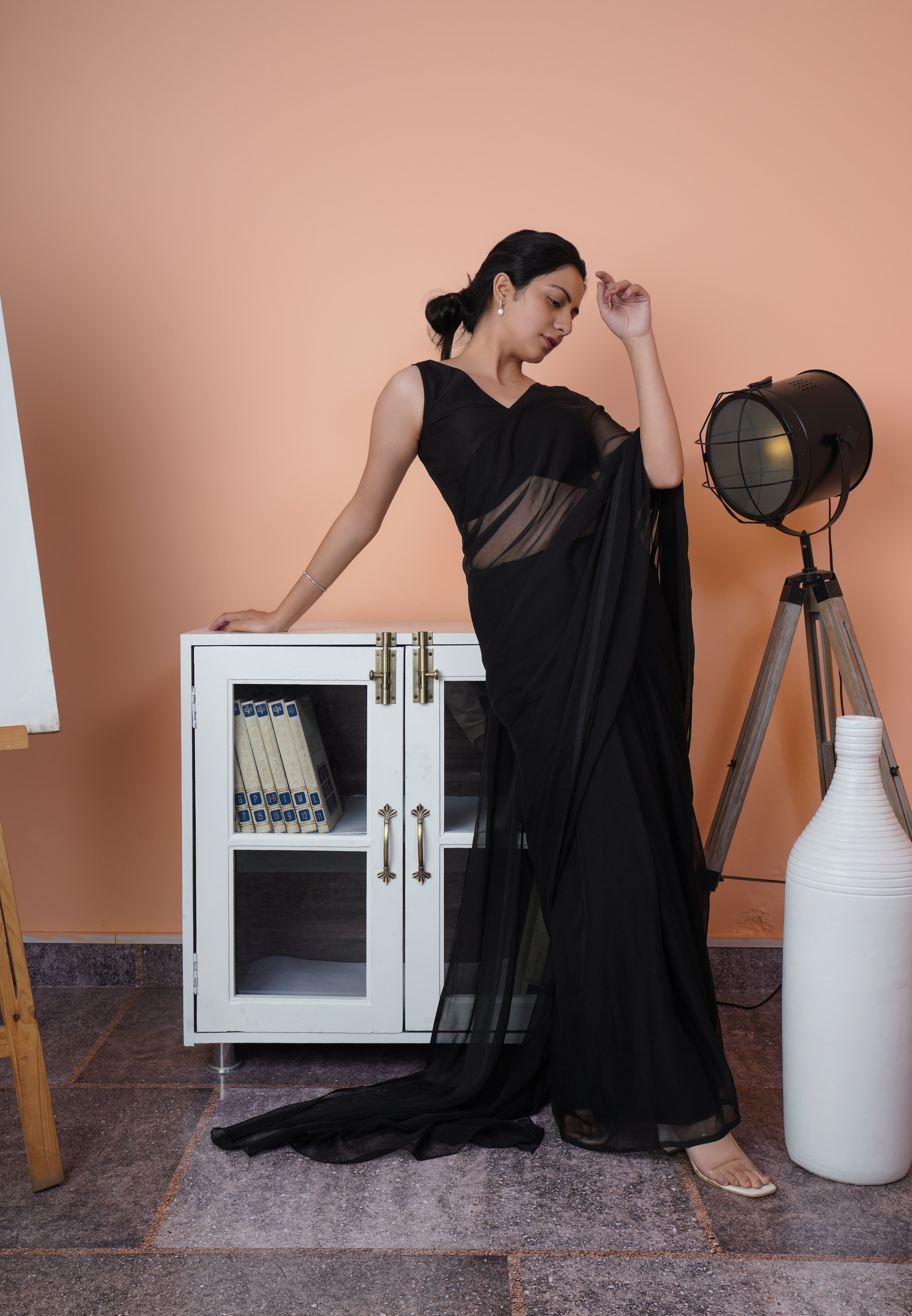 Midnight Elegance - Black Chiffon Saree