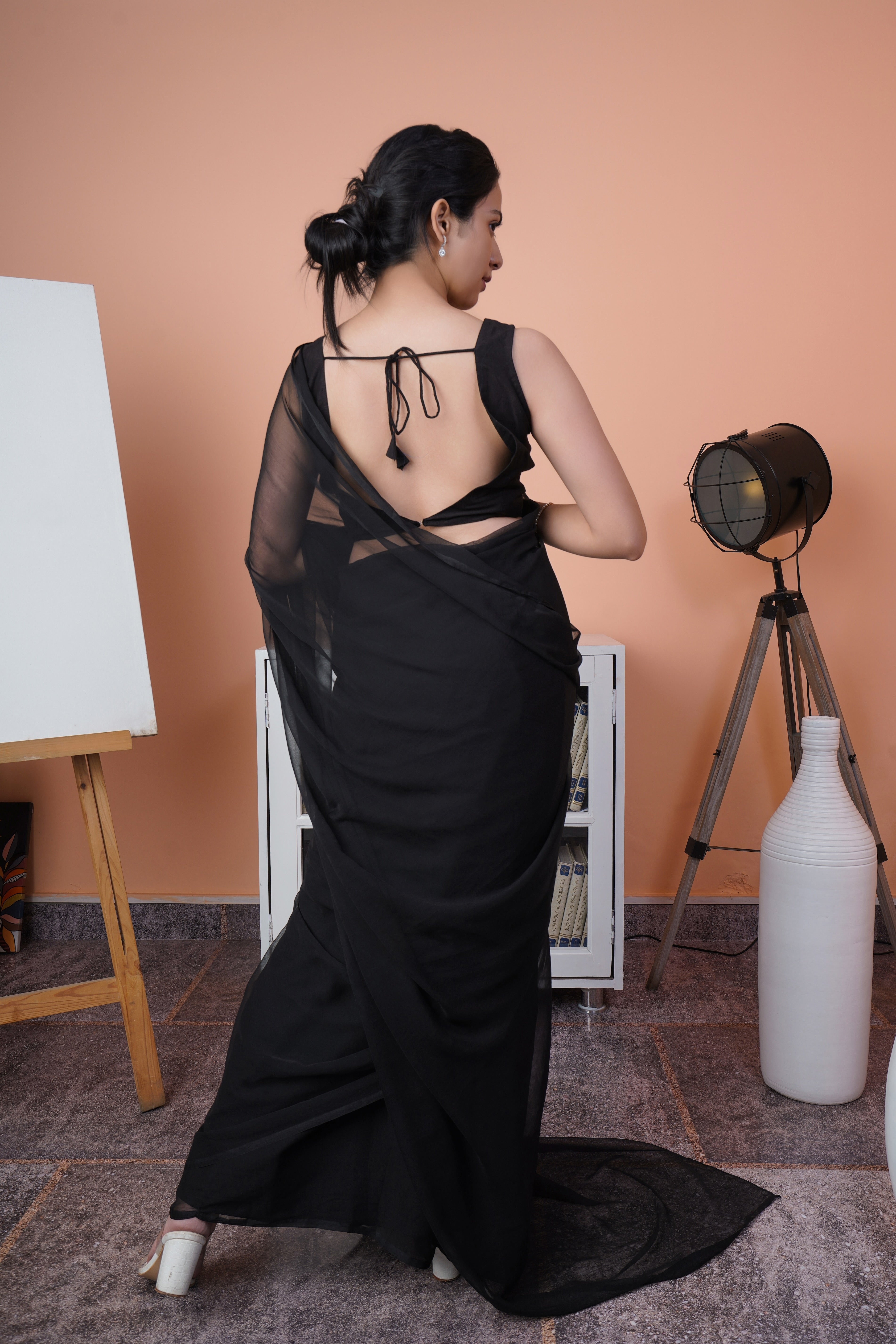 Midnight Elegance - Black Chiffon Saree
