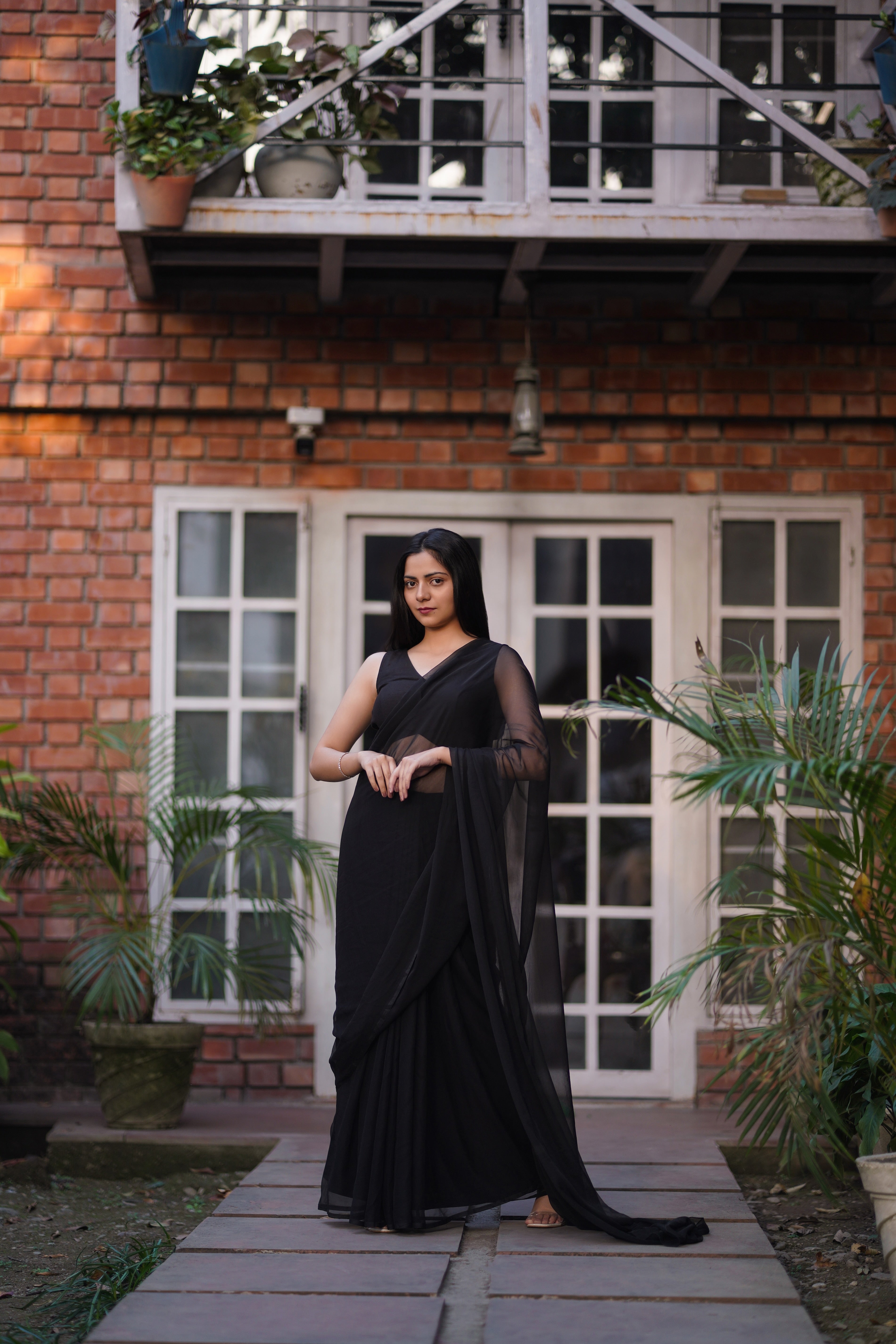 Midnight Elegance - Black Chiffon Saree