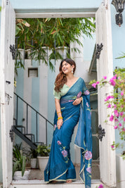 Sapphire Serenade (Handpainted Chiffon Saree in Blue)