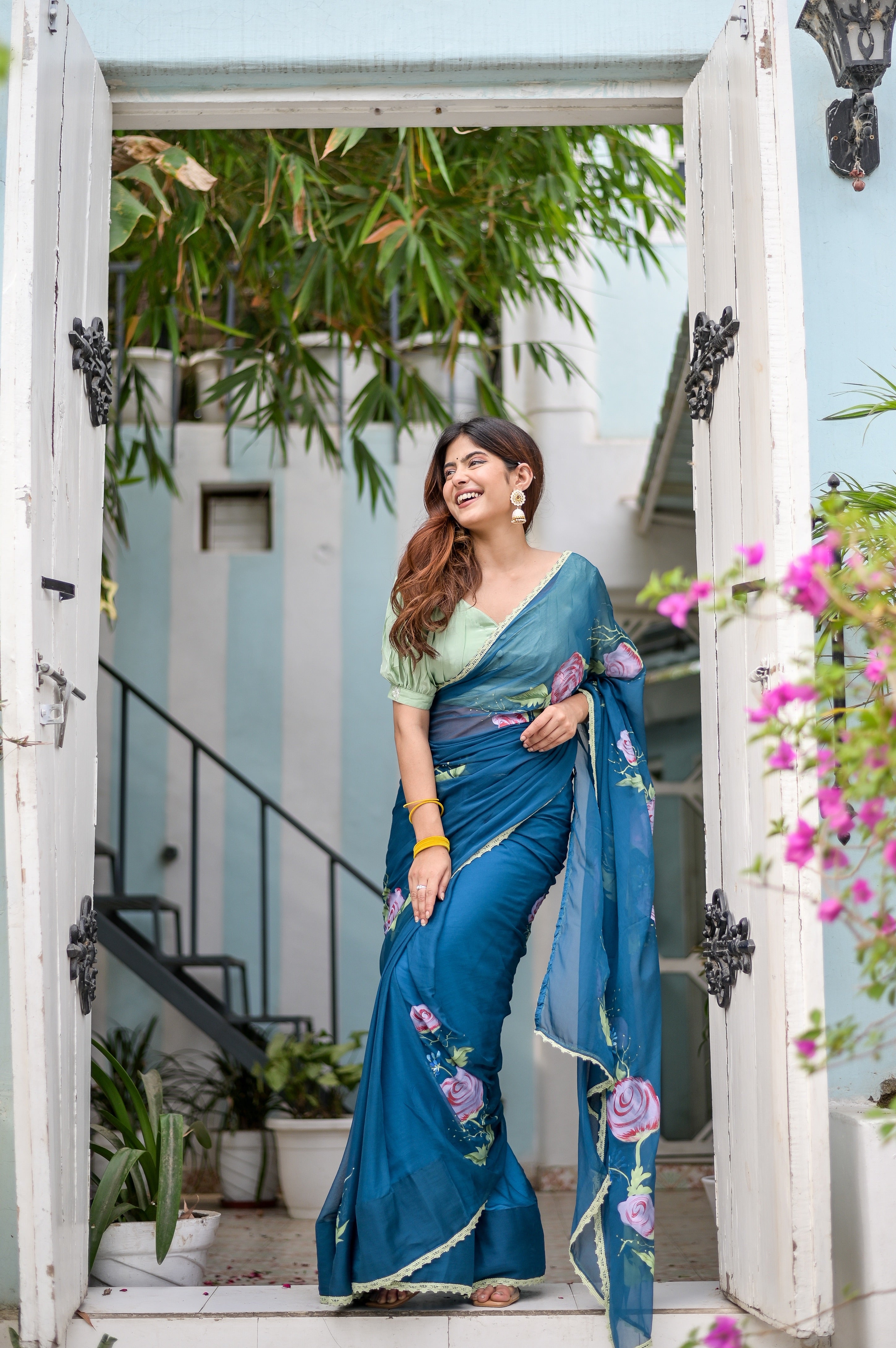Sapphire Serenade (Handpainted Chiffon Saree in Blue)