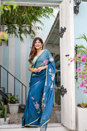 Sapphire Serenade (Handpainted Chiffon Saree in Blue)