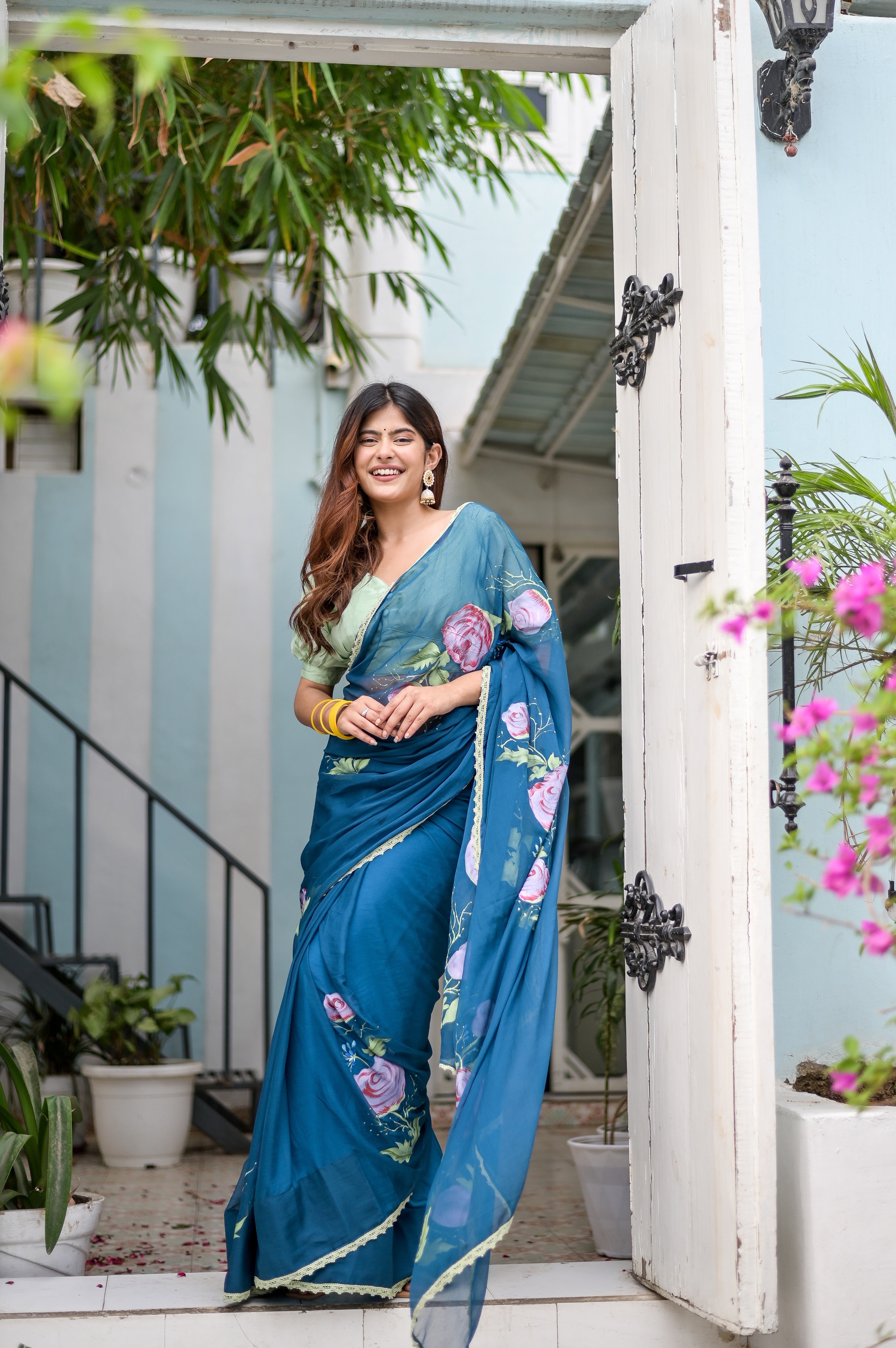 Sapphire Serenade (Handpainted Chiffon Saree in Blue)