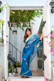 Sapphire Serenade (Handpainted Chiffon Saree in Blue)