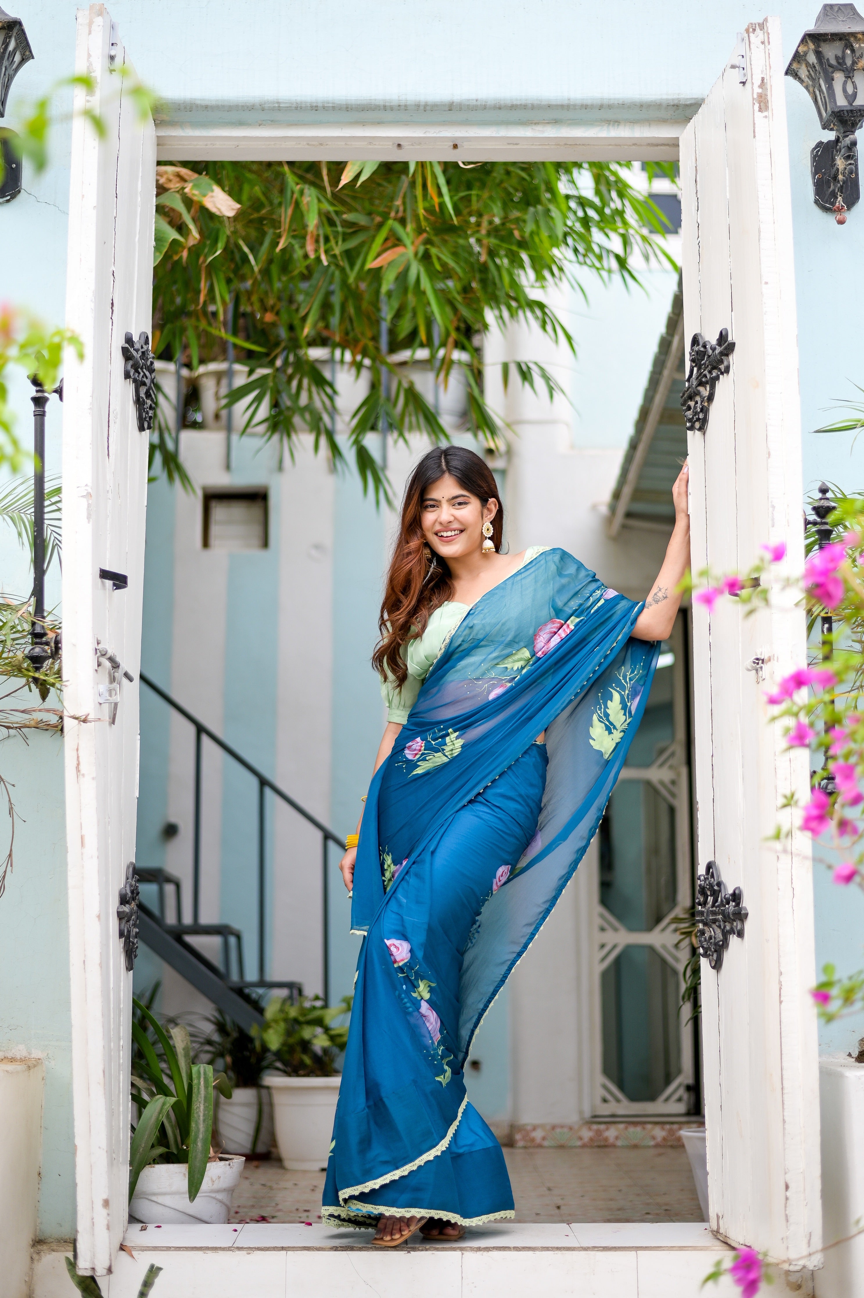Sapphire Serenade (Handpainted Chiffon Saree in Blue)