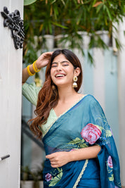 Sapphire Serenade (Handpainted Chiffon Saree in Blue)