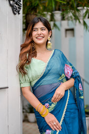 Sapphire Serenade (Handpainted Chiffon Saree in Blue)