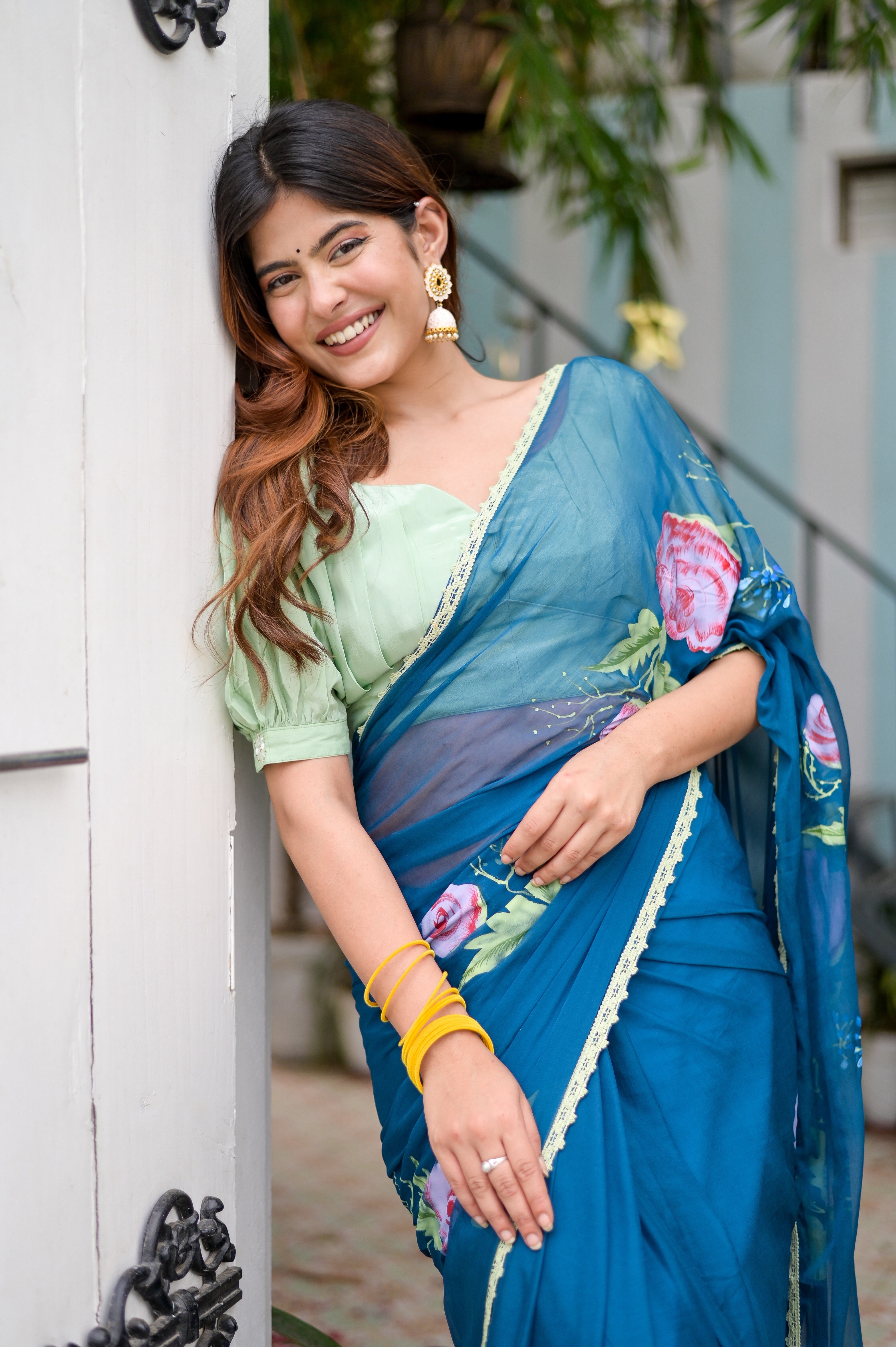 Sapphire Serenade (Handpainted Chiffon Saree in Blue)