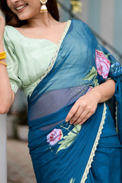 Sapphire Serenade (Handpainted Chiffon Saree in Blue)
