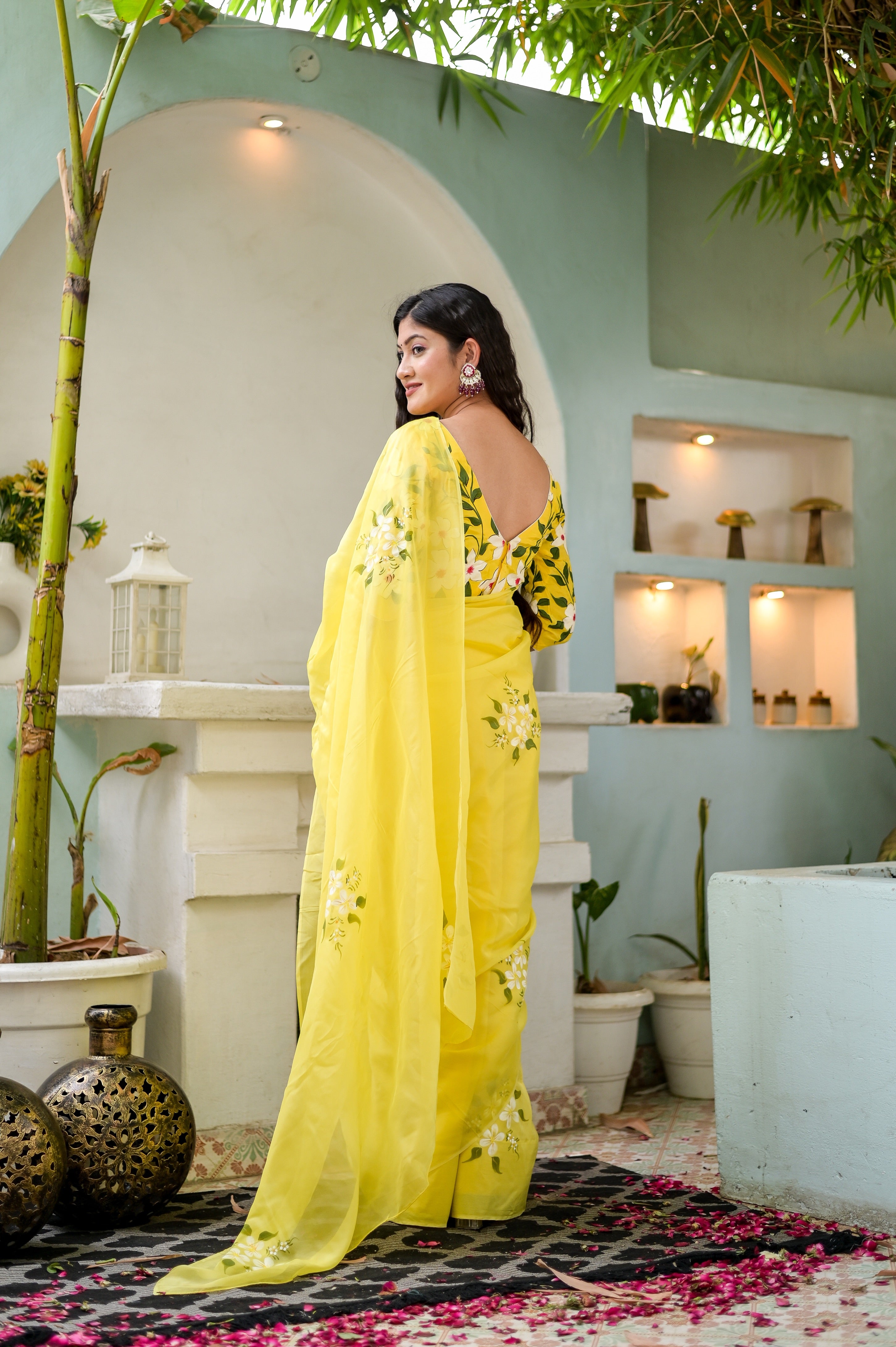 Amber Aura (Handpainted Viscose Silk Organza Saree in Yellow)
