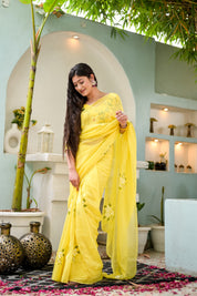 Amber Aura (Handpainted Viscose Silk Organza Saree in Yellow)