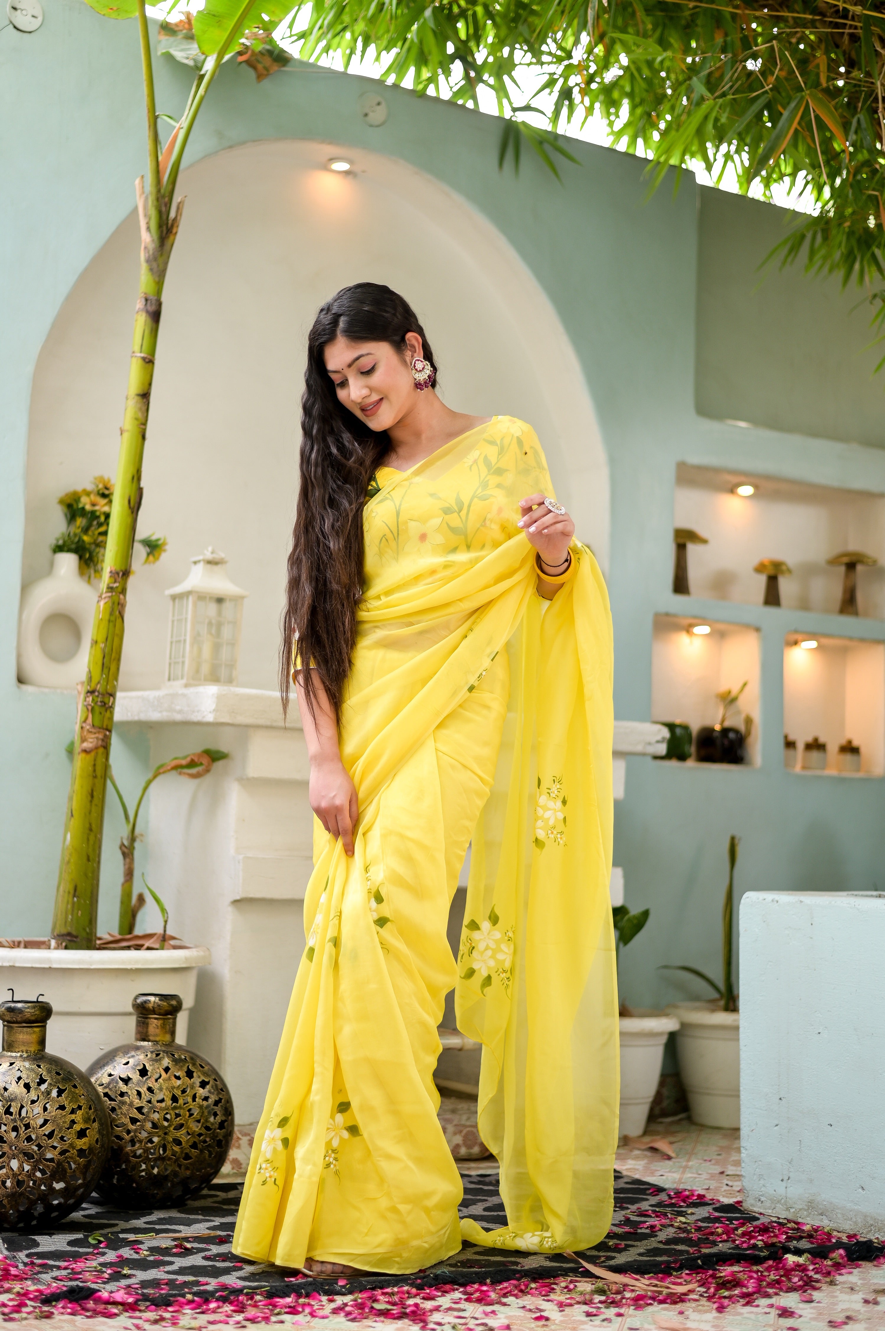 Amber Aura (Handpainted Viscose Silk Organza Saree in Yellow)